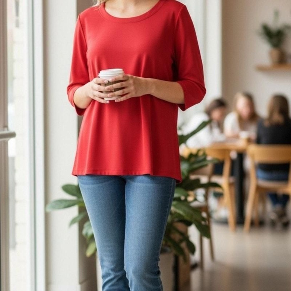Susan Graver Red Blouse 3/4 Sleeves Comfortable Soft Sz L